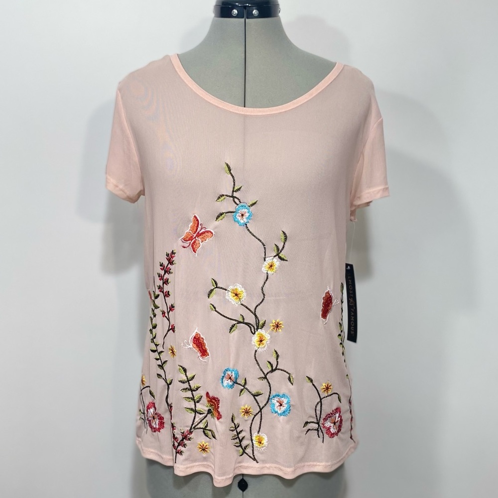 NWT Sheer Mesh Embroidered Floral Top Medium Large Illusion Butterfly Tee Blush